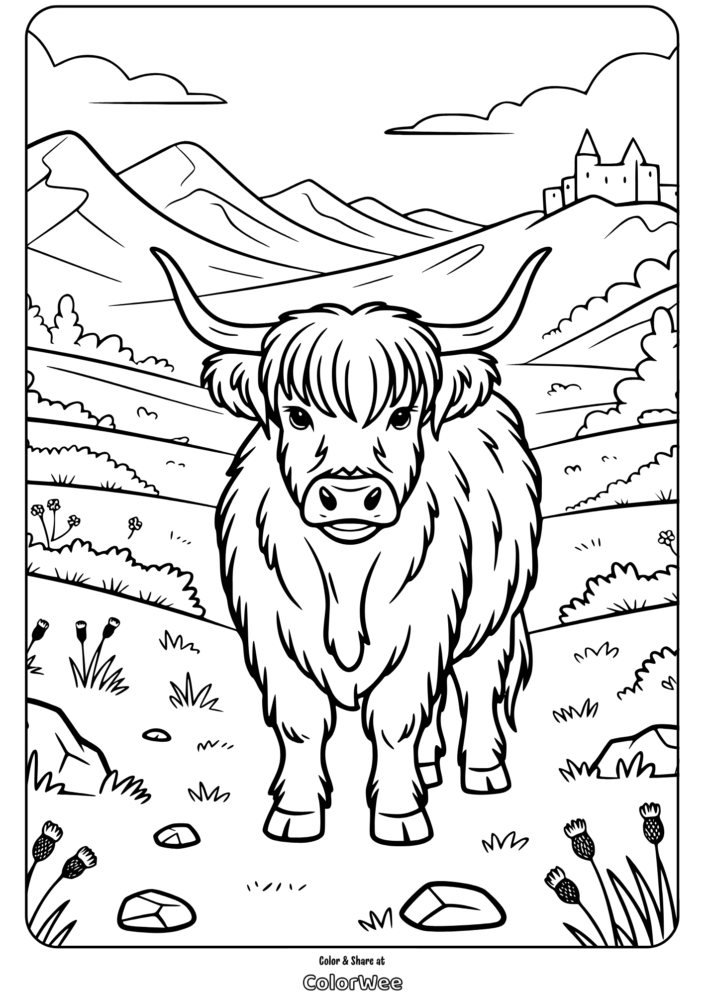 highland cow 5 Highland cow coloring page with mountains in the background.