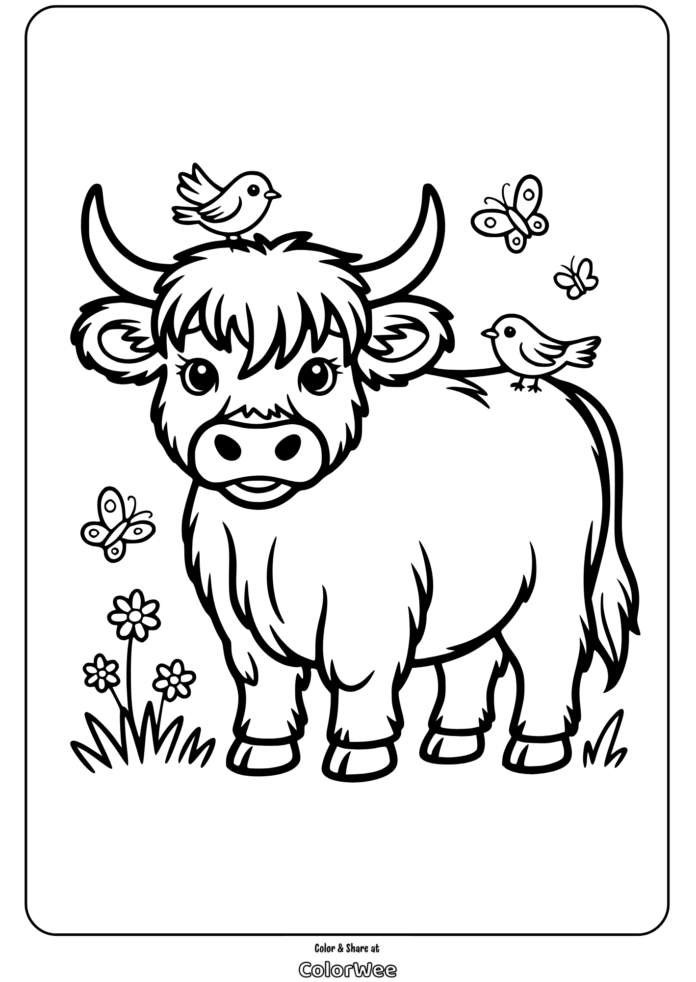 highland cow coloring page 3 Cow coloring page with birds, butterflies, and flowers.