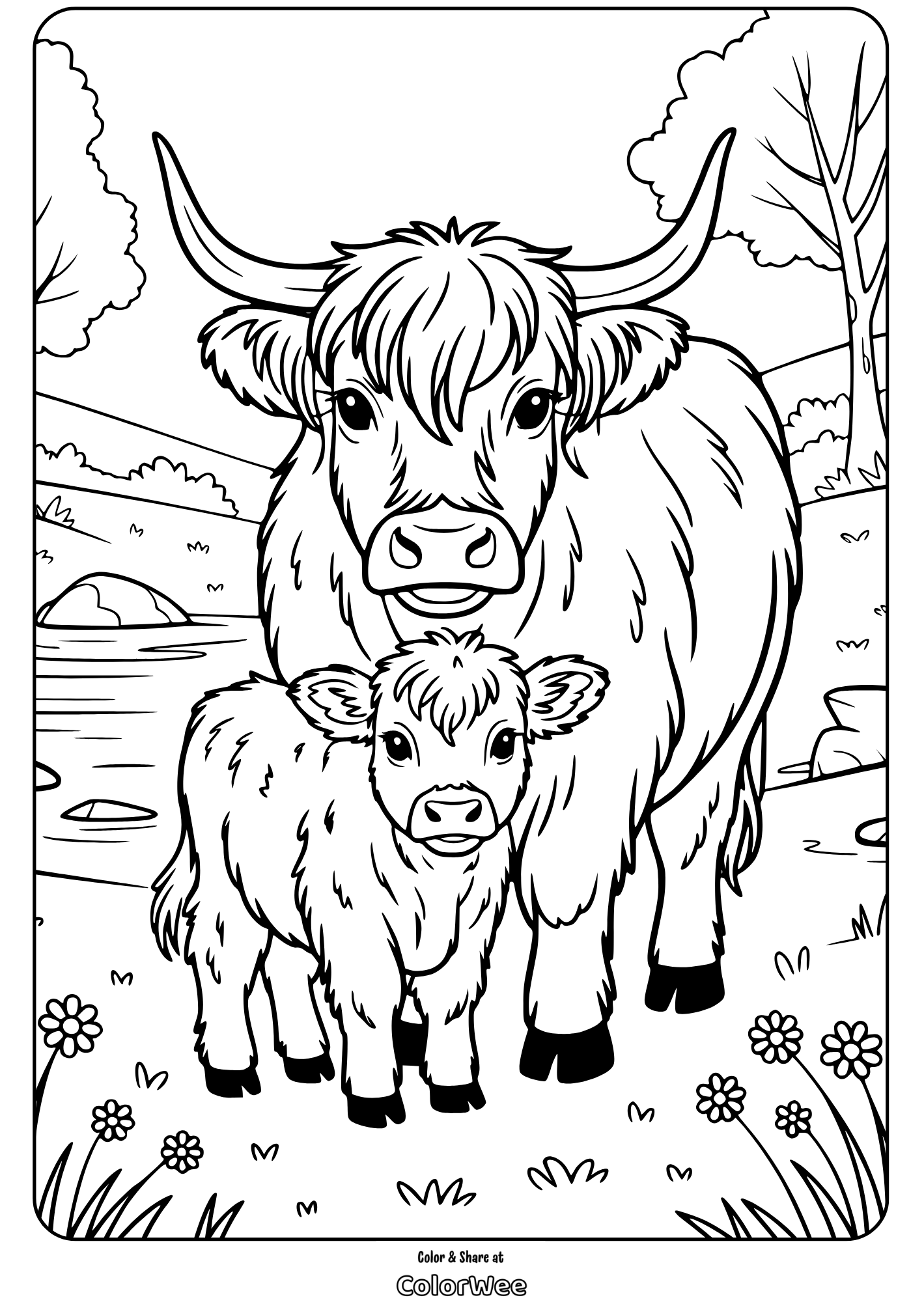 highland cow coloring page 4 Cute cow and calf coloring page in a scenic meadow.