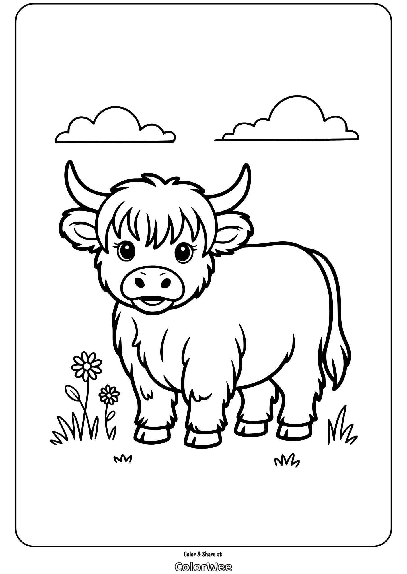 highland cow Fluffy cow coloring page with flowers and clouds.