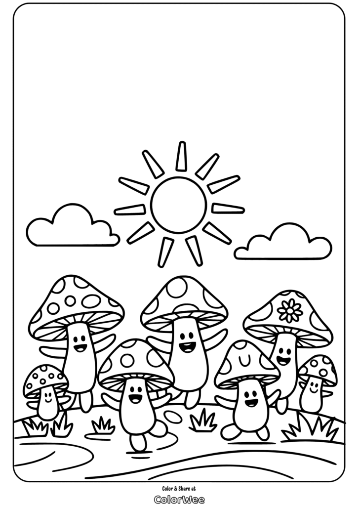 hippie mushroom dancing under the sun Smiling mushrooms under sun and clouds coloring page.