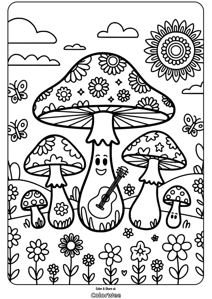 hippie mushroom flower pattern playing guitar Cute mushroom family coloring page with guitar and flowers.