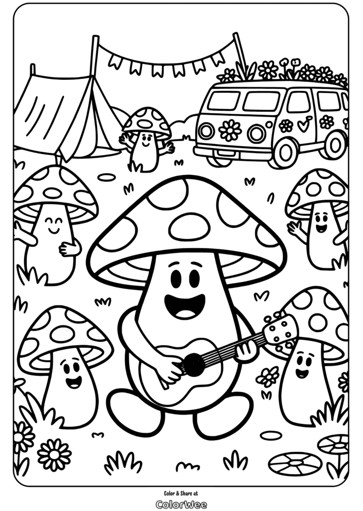 hippie mushroom playing guitar at camp Mushroom Mushroom playing guitar at camp with friends coloring page.
