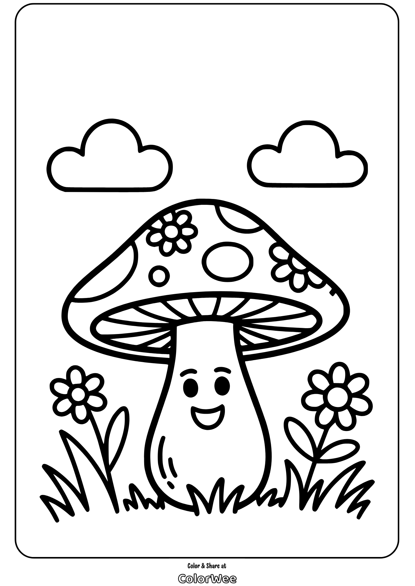 hippie mushroom smiling with flowers Cheerful mushroom coloring page with flowers and clouds.