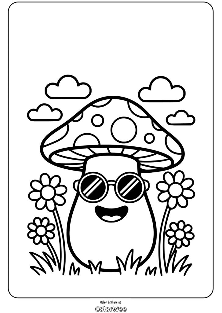 hippie mushroom with sunglasses and flowers Happy mushroom with sunglasses coloring page for kids.