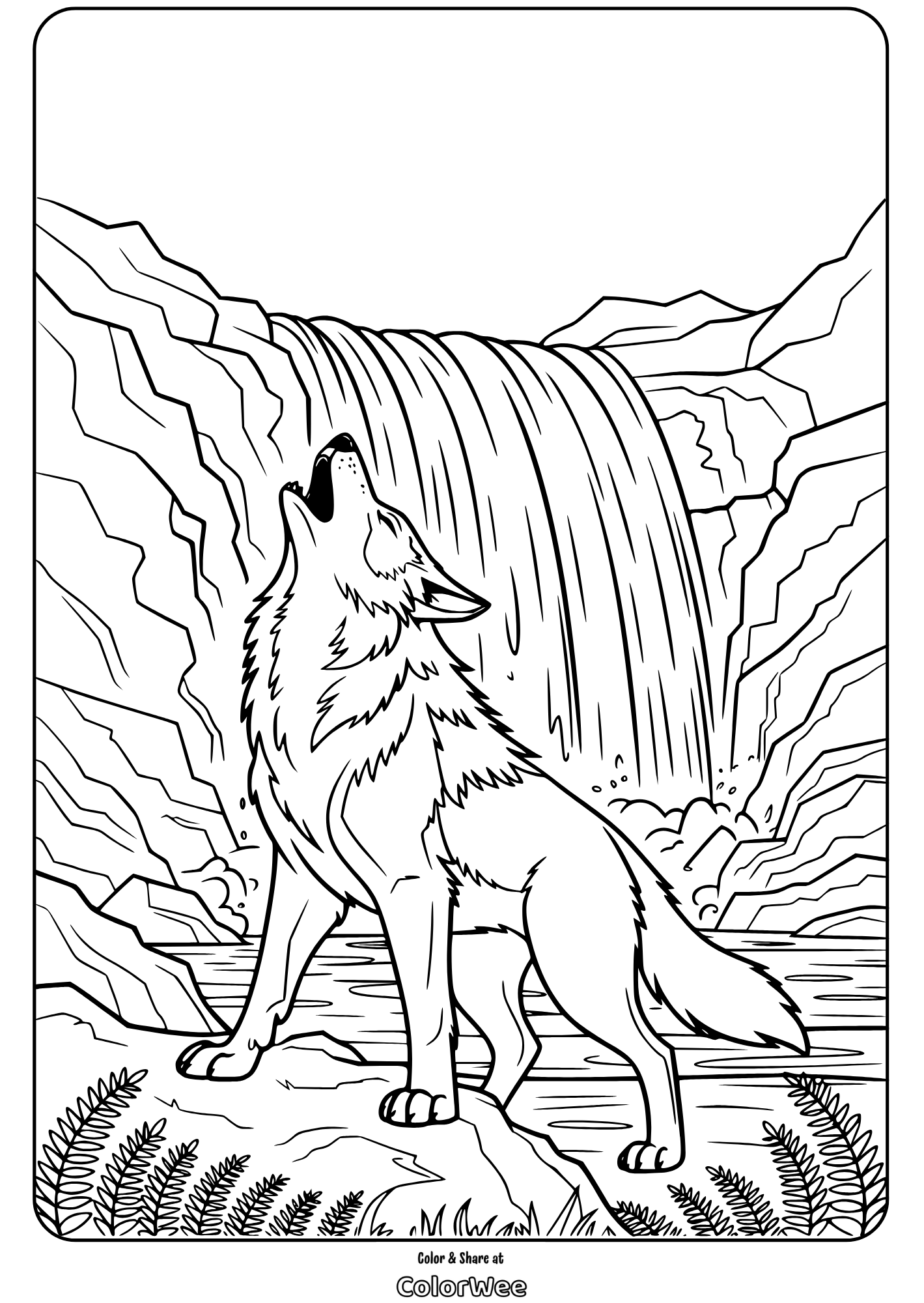 howling wolf by a waterfall coloring page Howling wolf near waterfall coloring page.