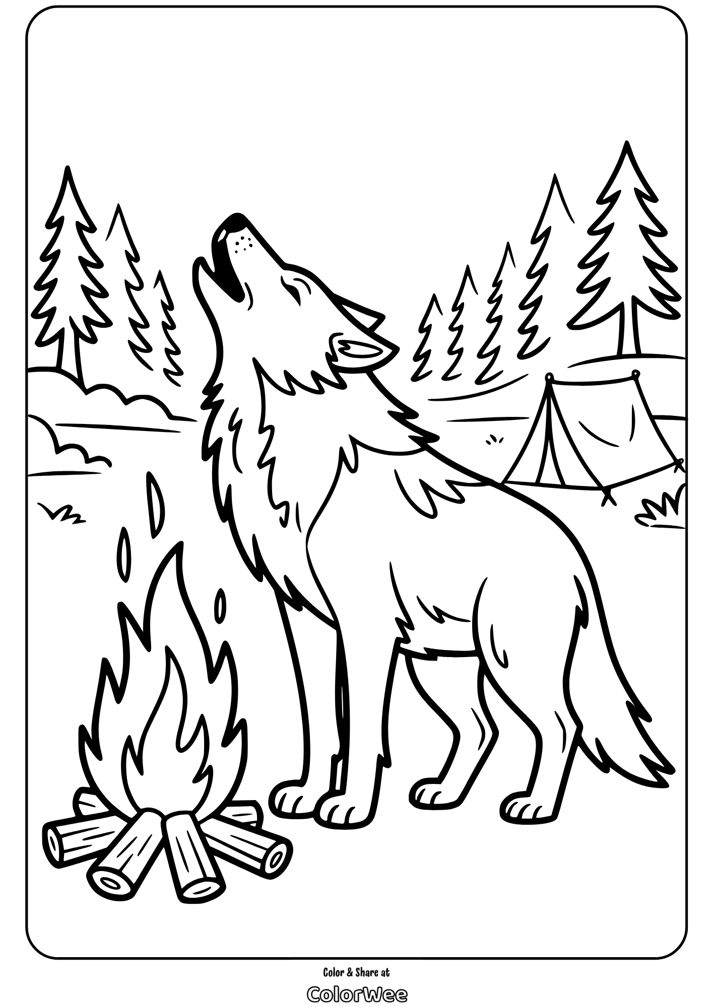 howling wolf by campfire and tent coloring page Howling wolf by campfire coloring page with trees and tent.