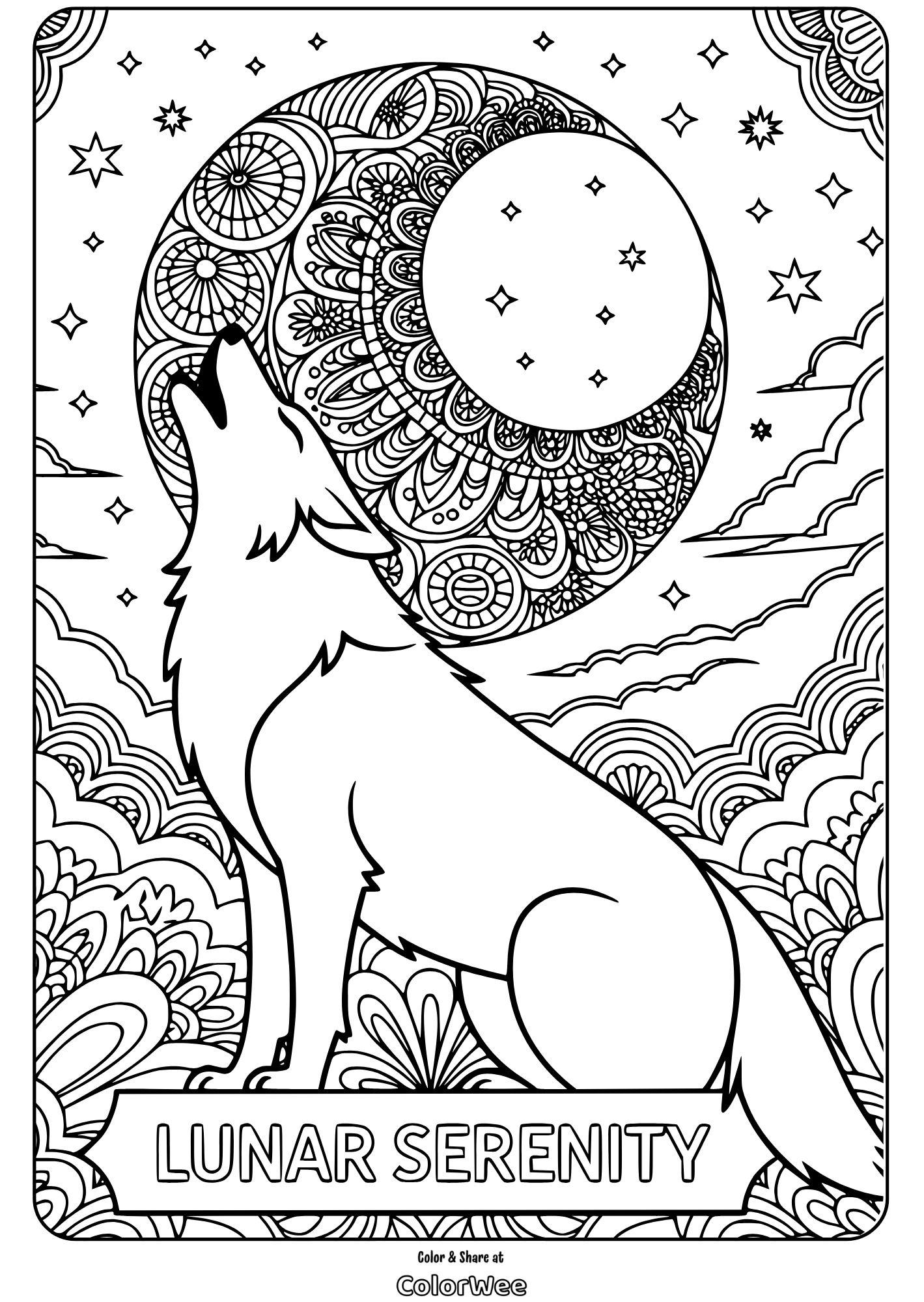 howling wolf lunar serenity mandala coloring page Wolf howling at the moon coloring page, intricate mandala design.