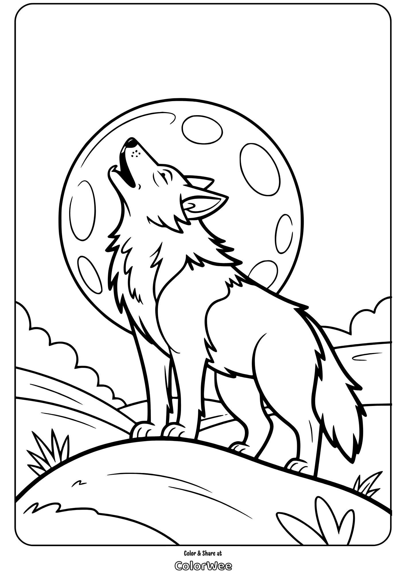 howling wolf on hill under full moon coloring page Howling wolf under full moon coloring page for kids.