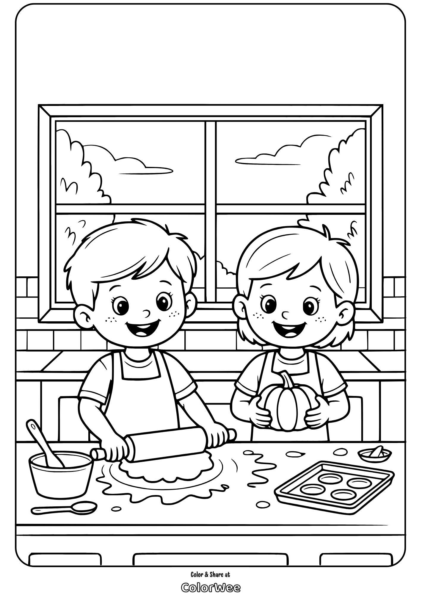 kids baking pie coloring page Kids baking in kitchen coloring page.