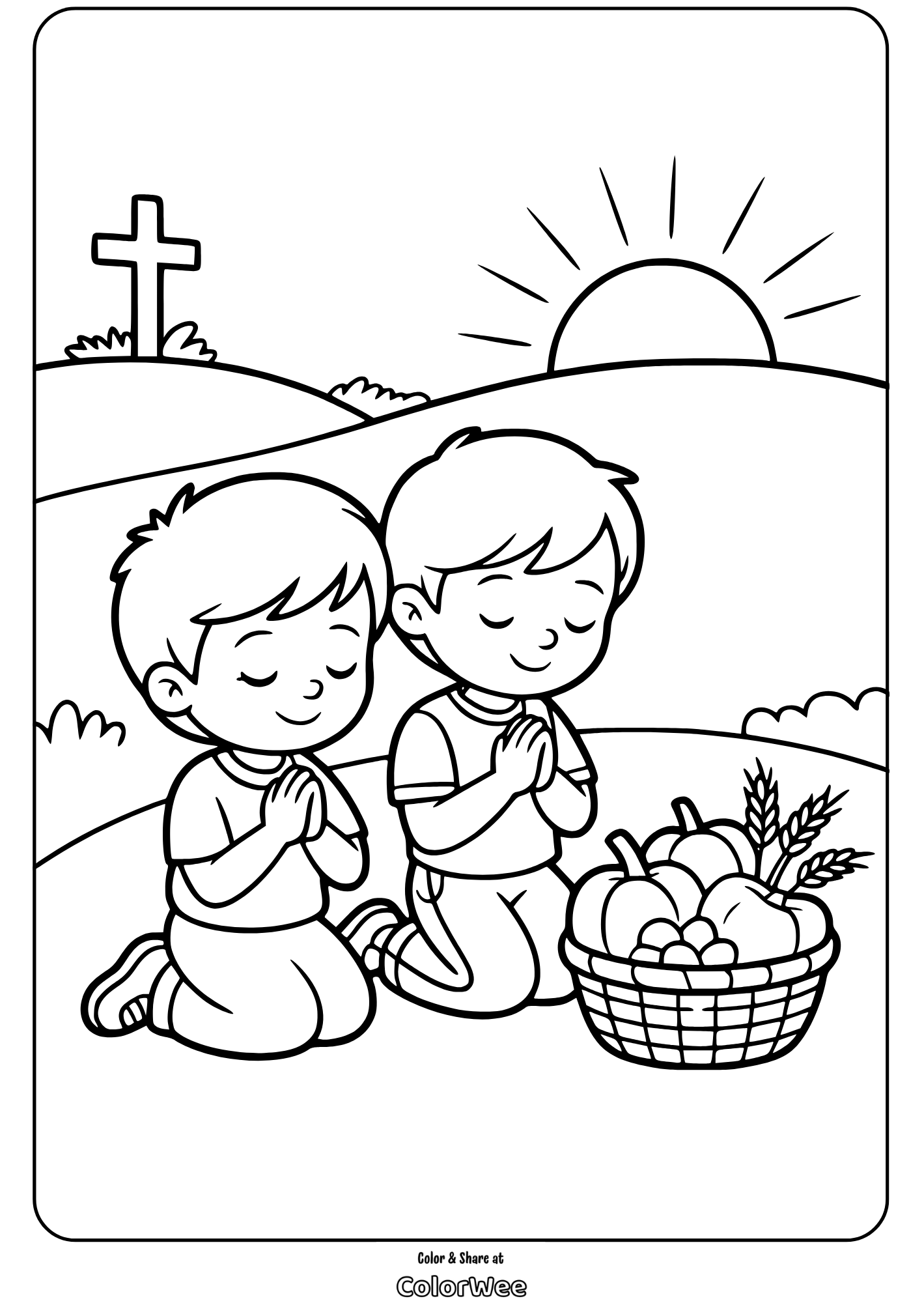 kids praying harvest coloring page Kids praying at sunset, thanksgiving basket and cross. Coloring page.