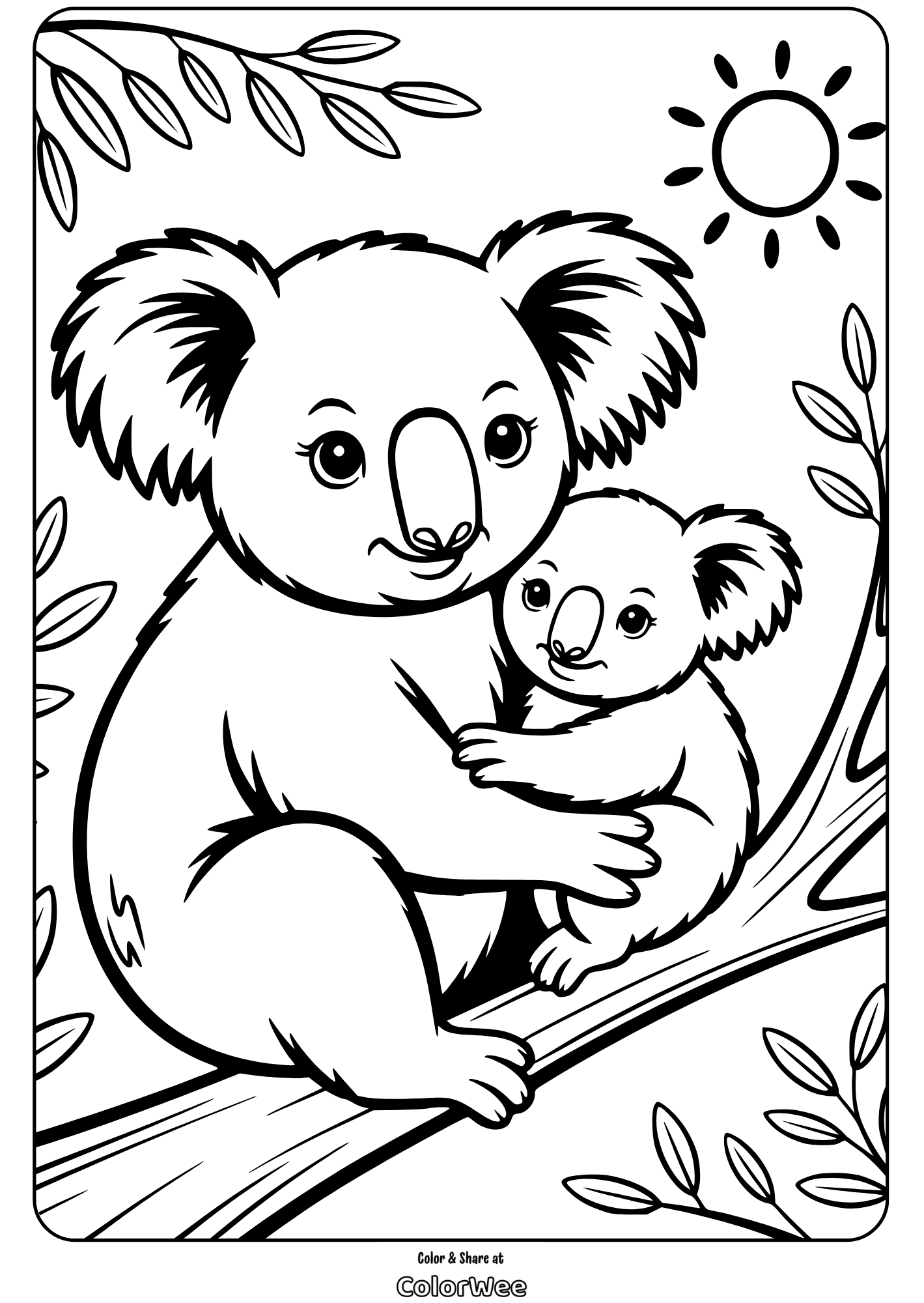koala mom and baby coloring page Koala and baby on tree branch coloring page for kids.