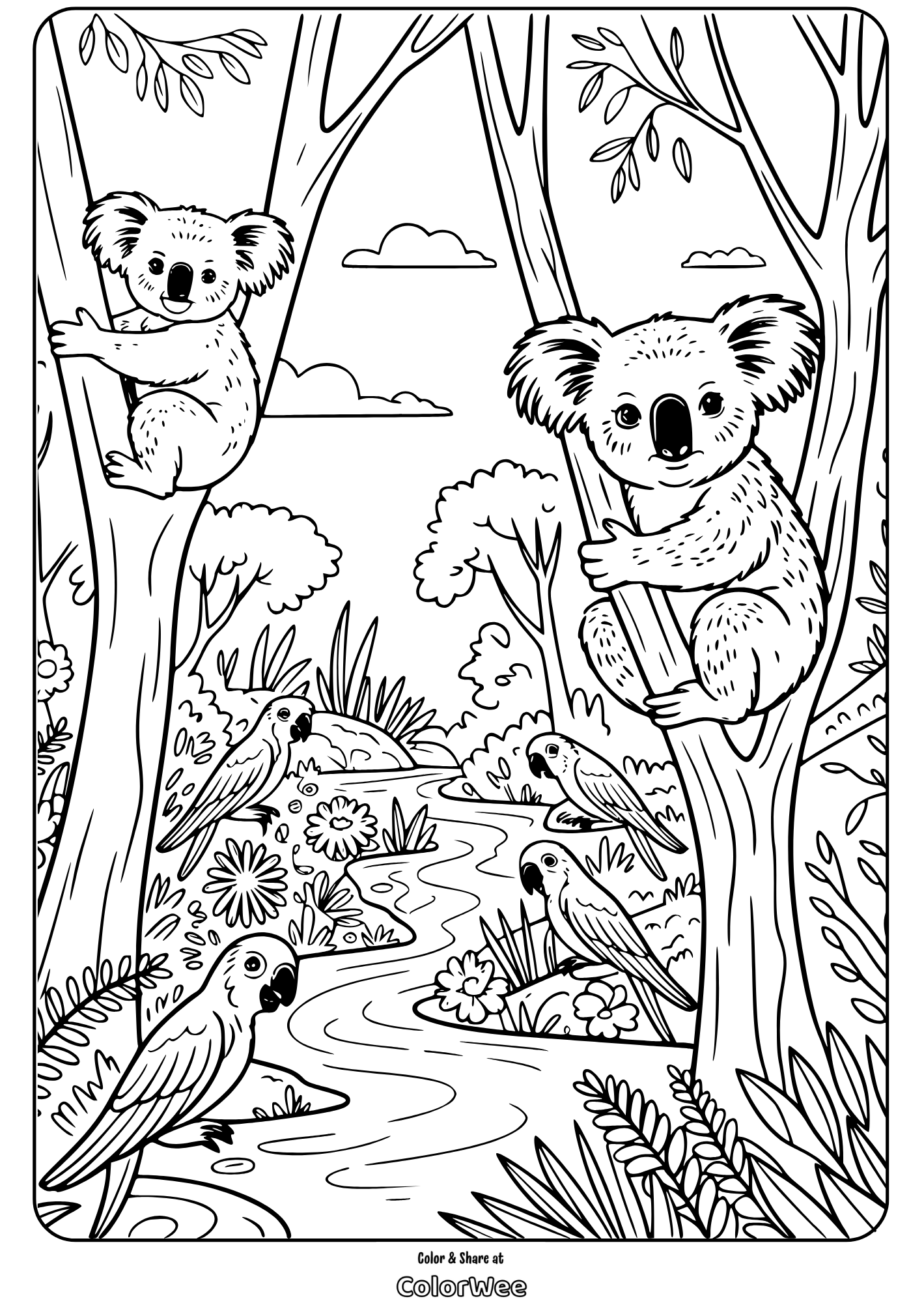 koalas in forest coloring page Koalas and parrots in a forest coloring page for kids.