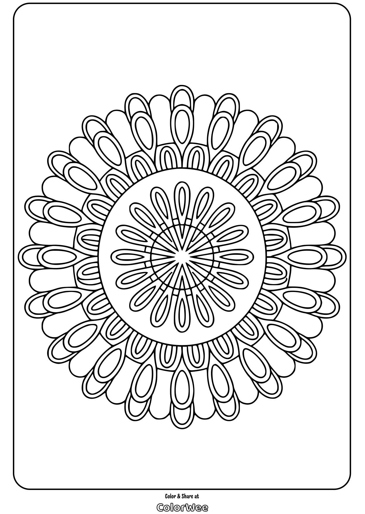 layered petal simple mandala coloring page Circular mandala coloring page with intricate floral patterns.