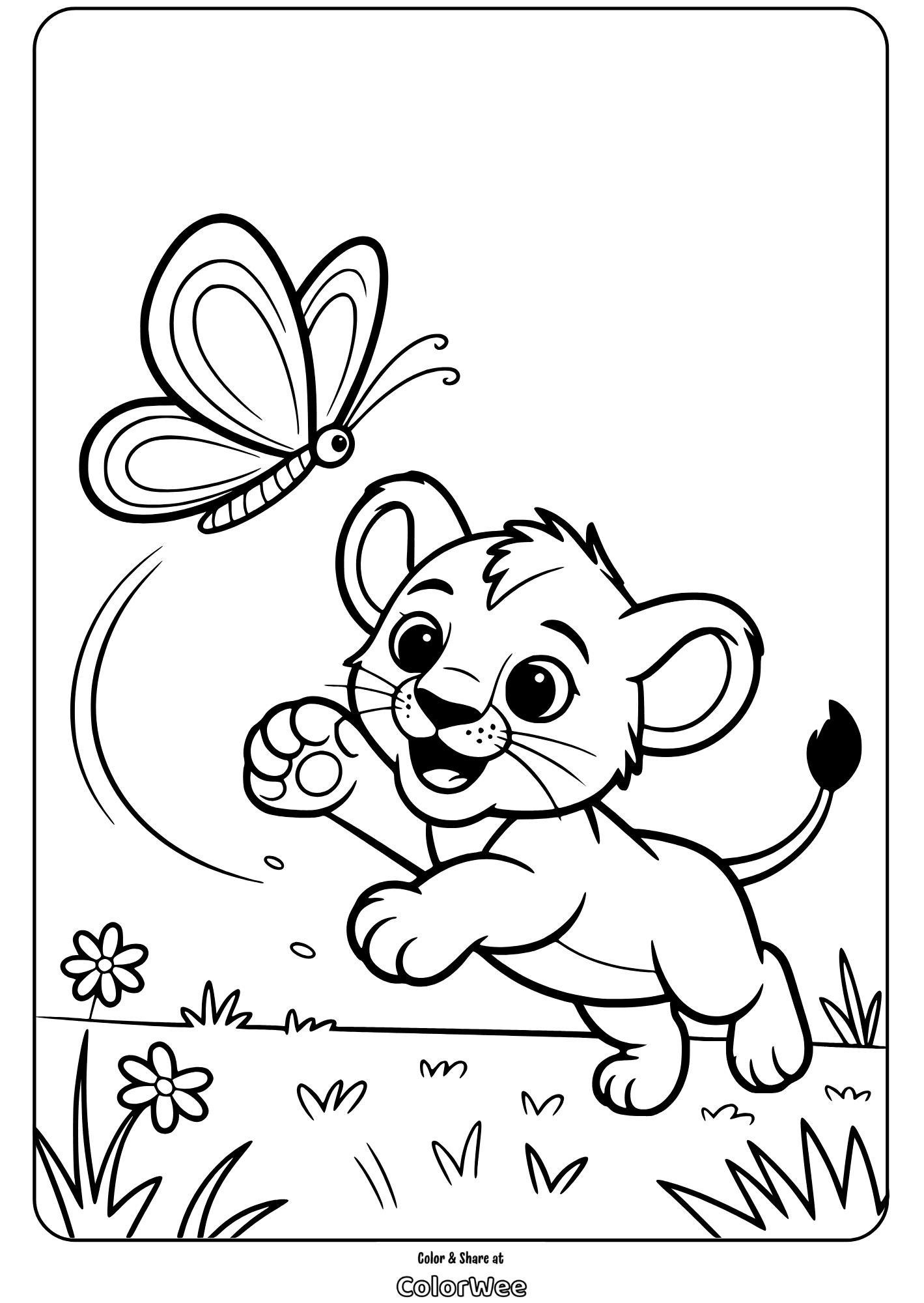 Lion cub playing with a butterfly in a coloring page.