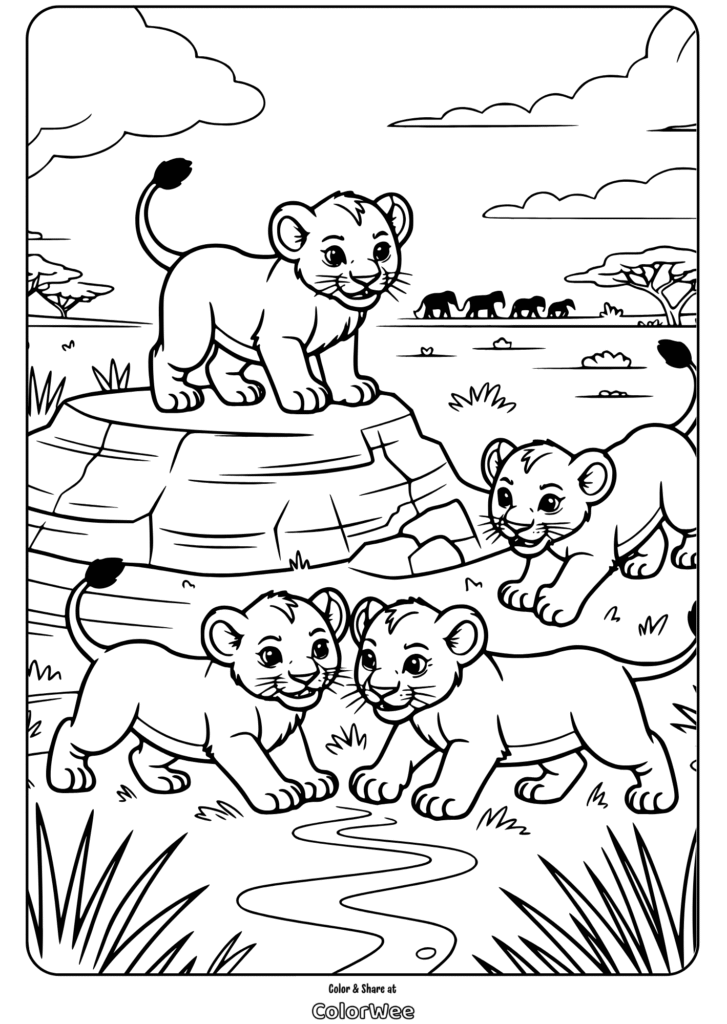 lion cubs 5 playing on safari rock coloring page Four playful lion cubs in an African savanna coloring page.