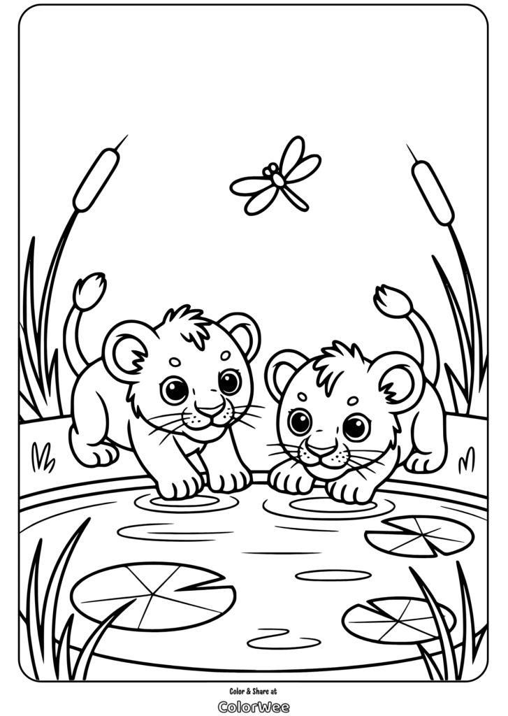 lion cubs drinking at pond coloring page Lion cubs at pond coloring page with dragonfly and reeds.