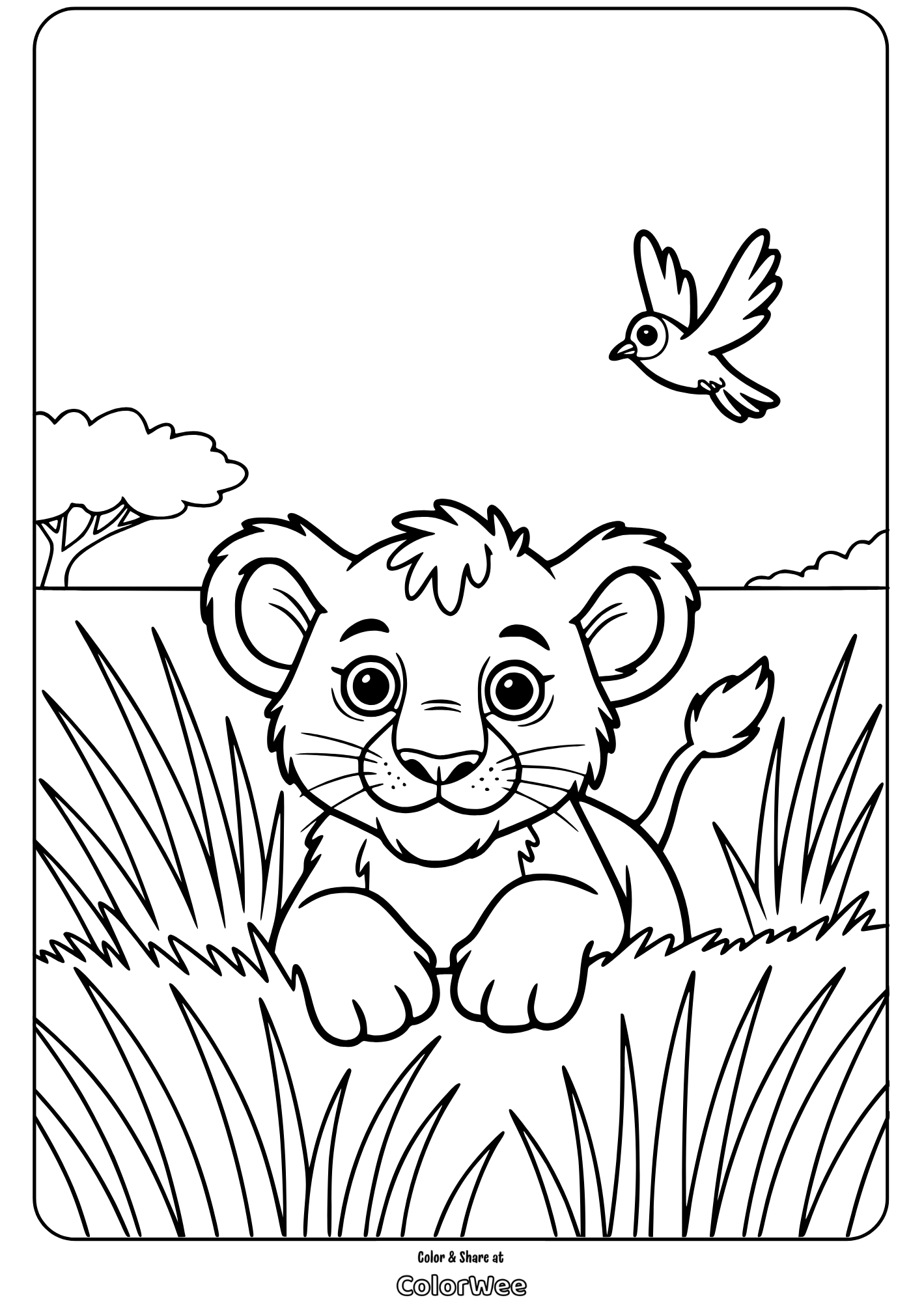 lion cubs peeking from grass coloring page Young lion cub and bird coloring page, nature scene.