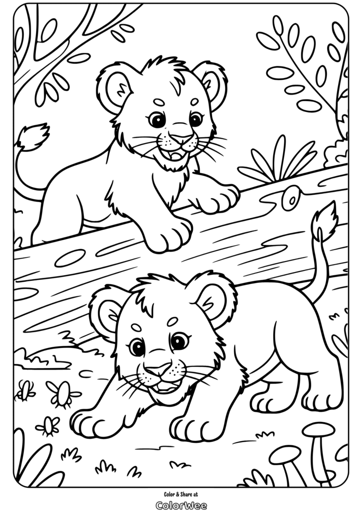lion cubs playing on log coloring page Lion cubs coloring page for kids fun and creativity.
