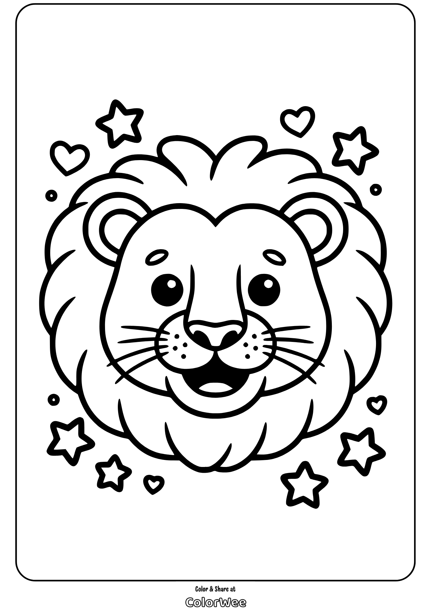 lion face cute coloring page Lion coloring page with stars and hearts for kids.
