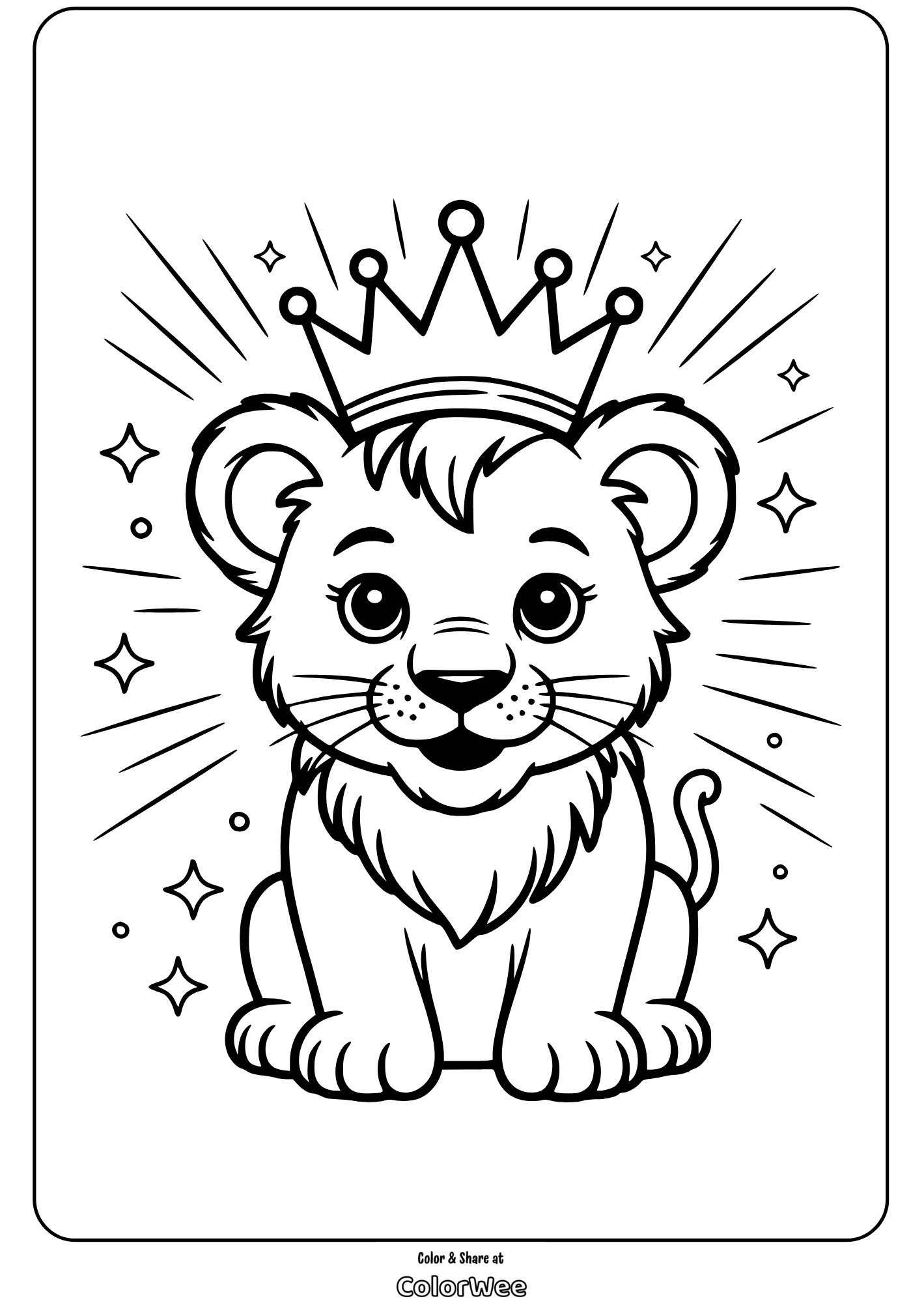Lion cub with crown coloring page for kids.
