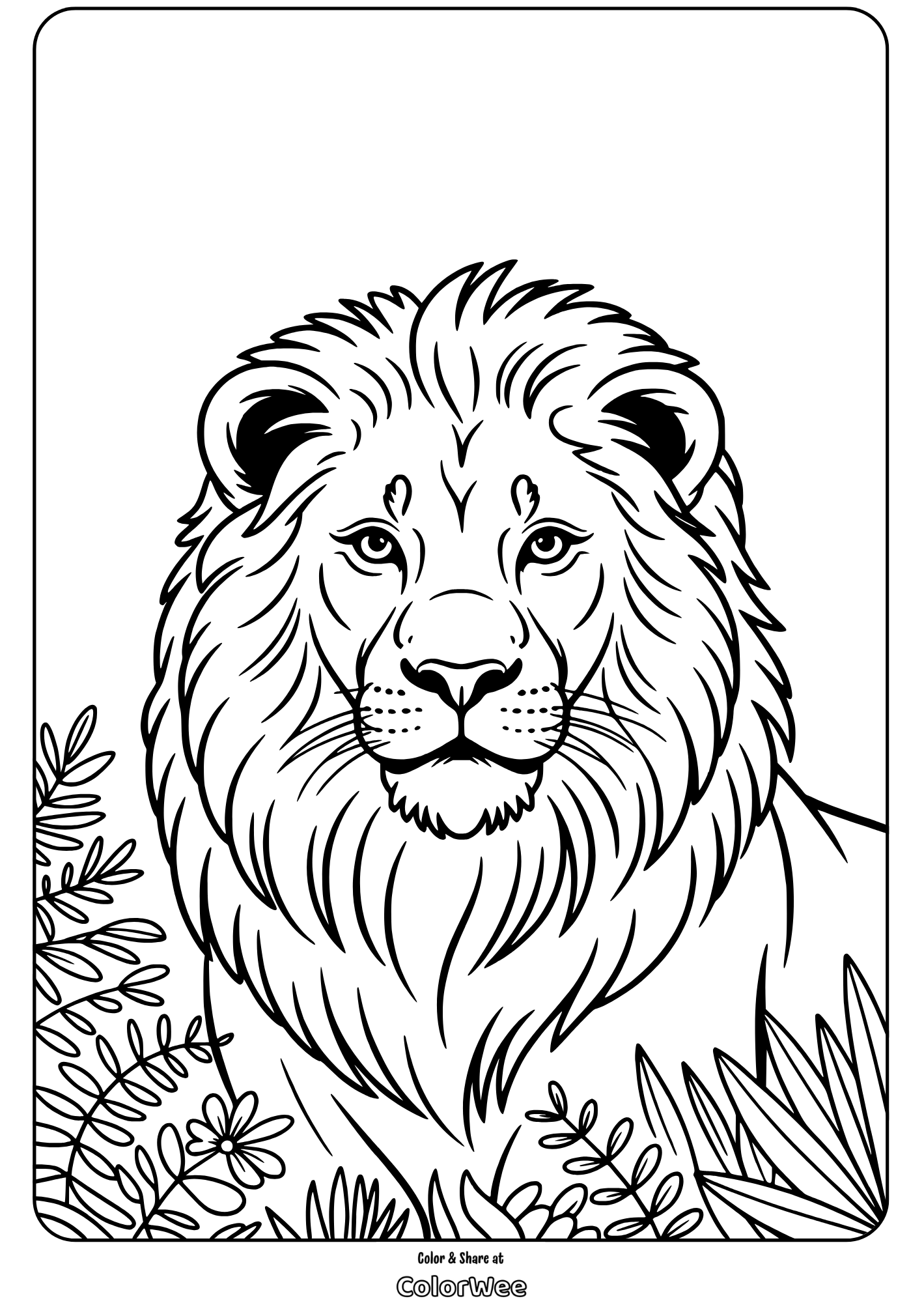 lion face in jungle leaves coloring page Lion coloring page featuring intricate jungle details.