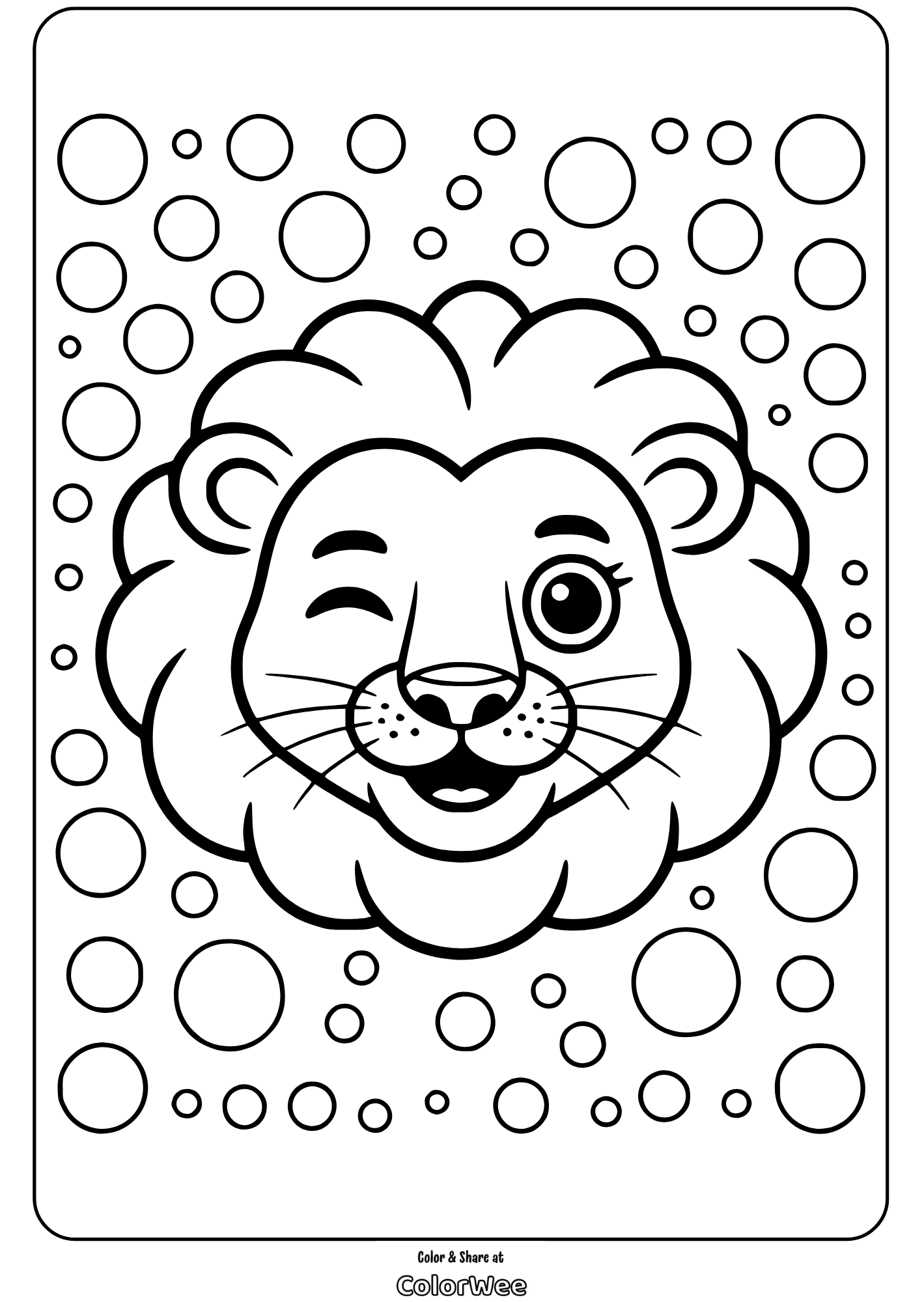 lion face winking with bubbles coloring page Winking lion coloring page with circles, fun for kids.