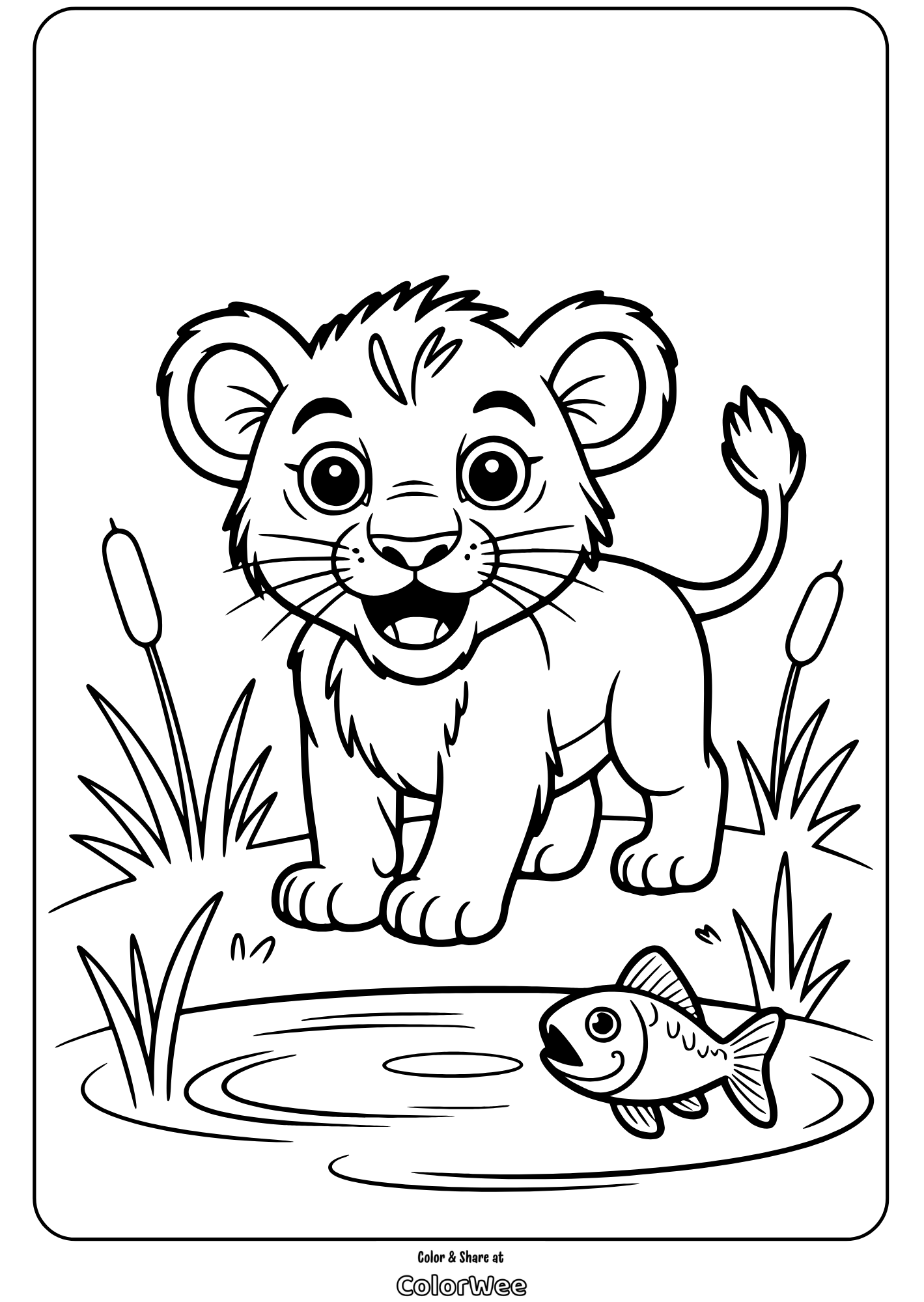 lion guard cub by pond with fish coloring page Cute lion cub coloring page by a pond.