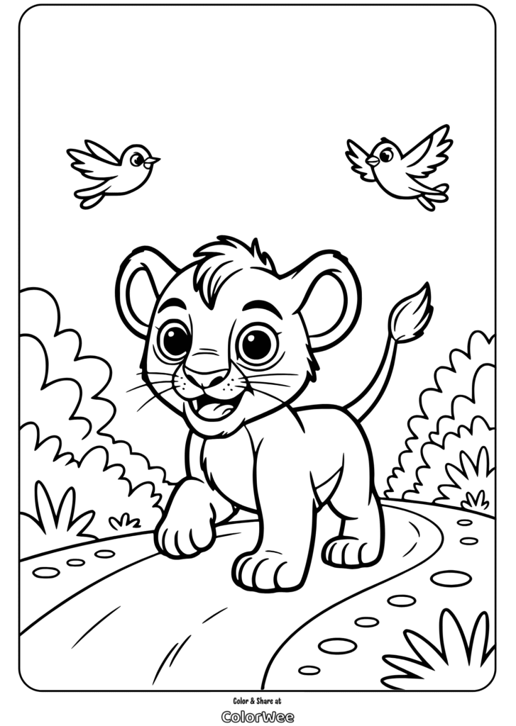lion guard cub walking with birds coloring page Cute lion cub coloring page with birds in nature scene.