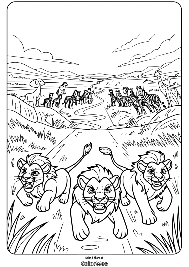 lion guard cubs running in safari coloring page Lion cubs and savannah animals coloring page.
