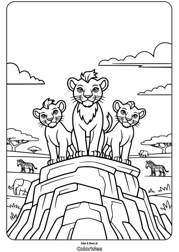 lion guard three cubs on rock coloring page Three lions on a rock with safari animals in the background.