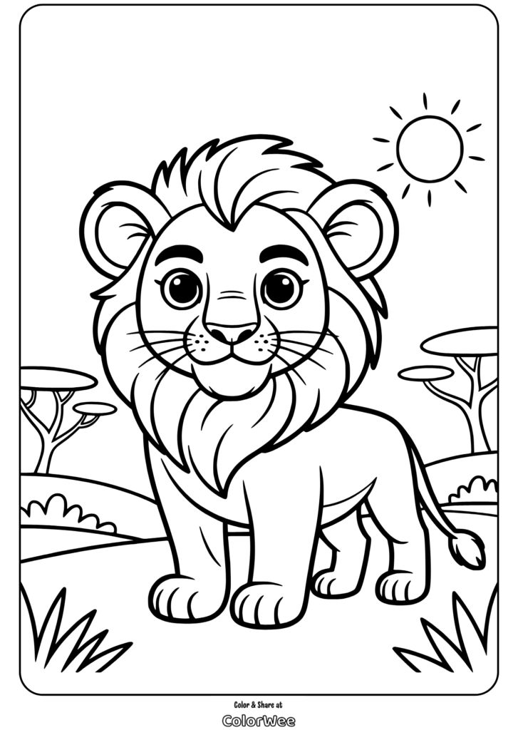 lion guard young lion in safari coloring page Cute lion coloring page with sun and savanna background.