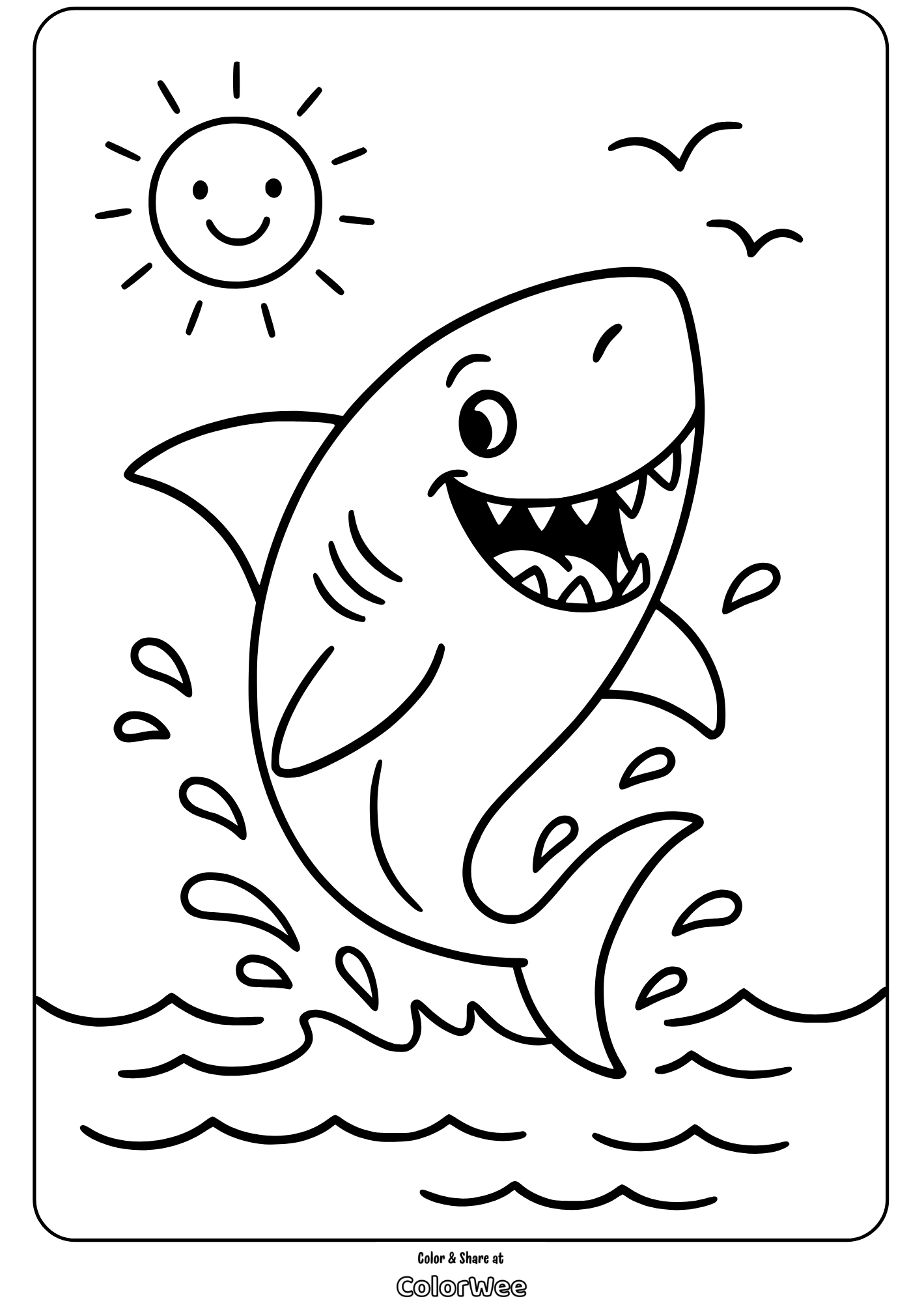megalodon shark ocean jump fun Happy shark jumping in ocean under a sunny sky coloring page.