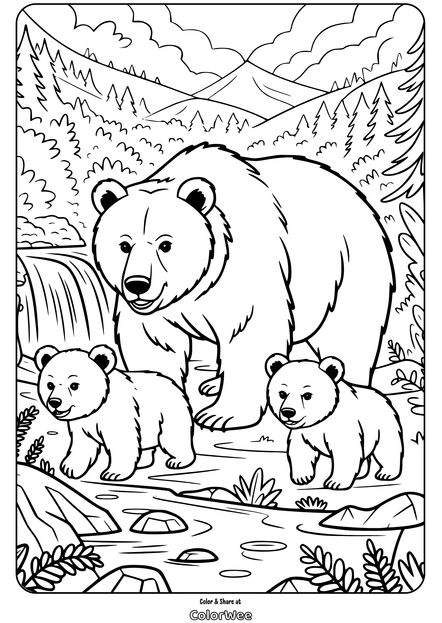mother bear with cubs coloring page Bear family in forest coloring page, nature scene with cubs