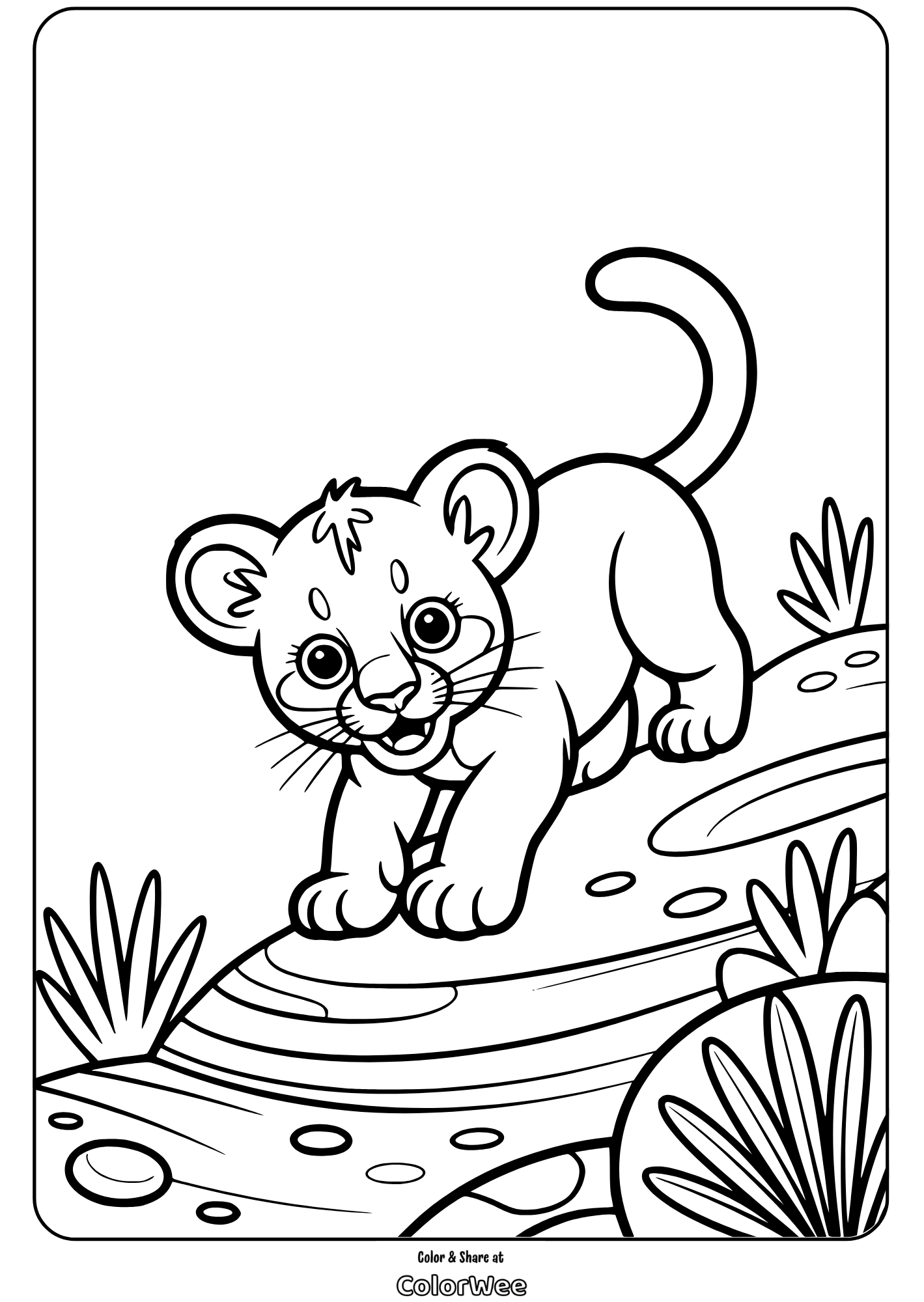 mountain lion cub climbing rock coloring page Lion cub coloring page for kids - printable and fun activity.