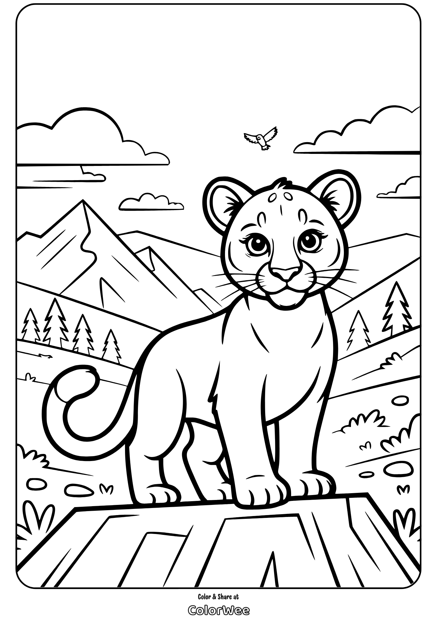 Lion cub coloring page with mountains and trees.