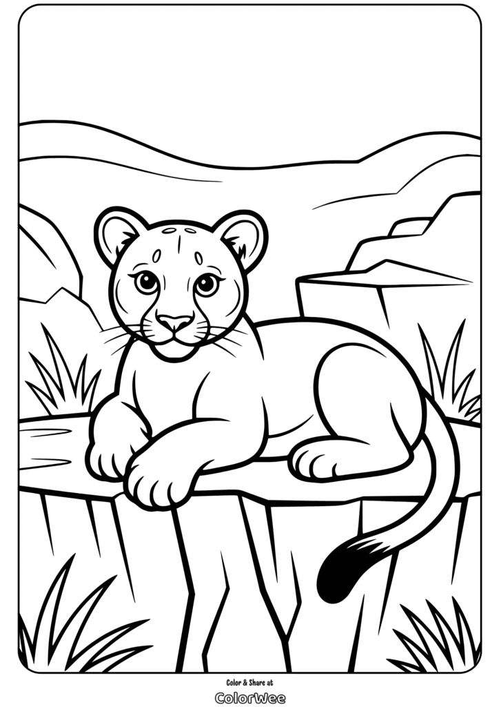 mountain lion cub resting on rock coloring page Lion cub on a rock coloring page.
