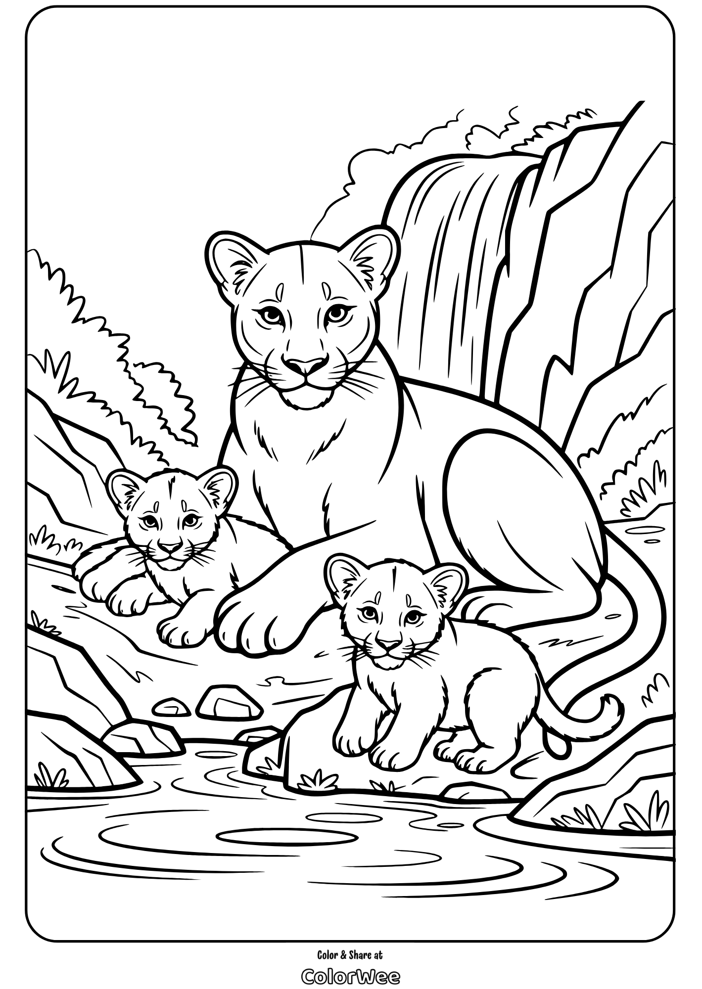 Lion family by waterfall coloring page for kids.