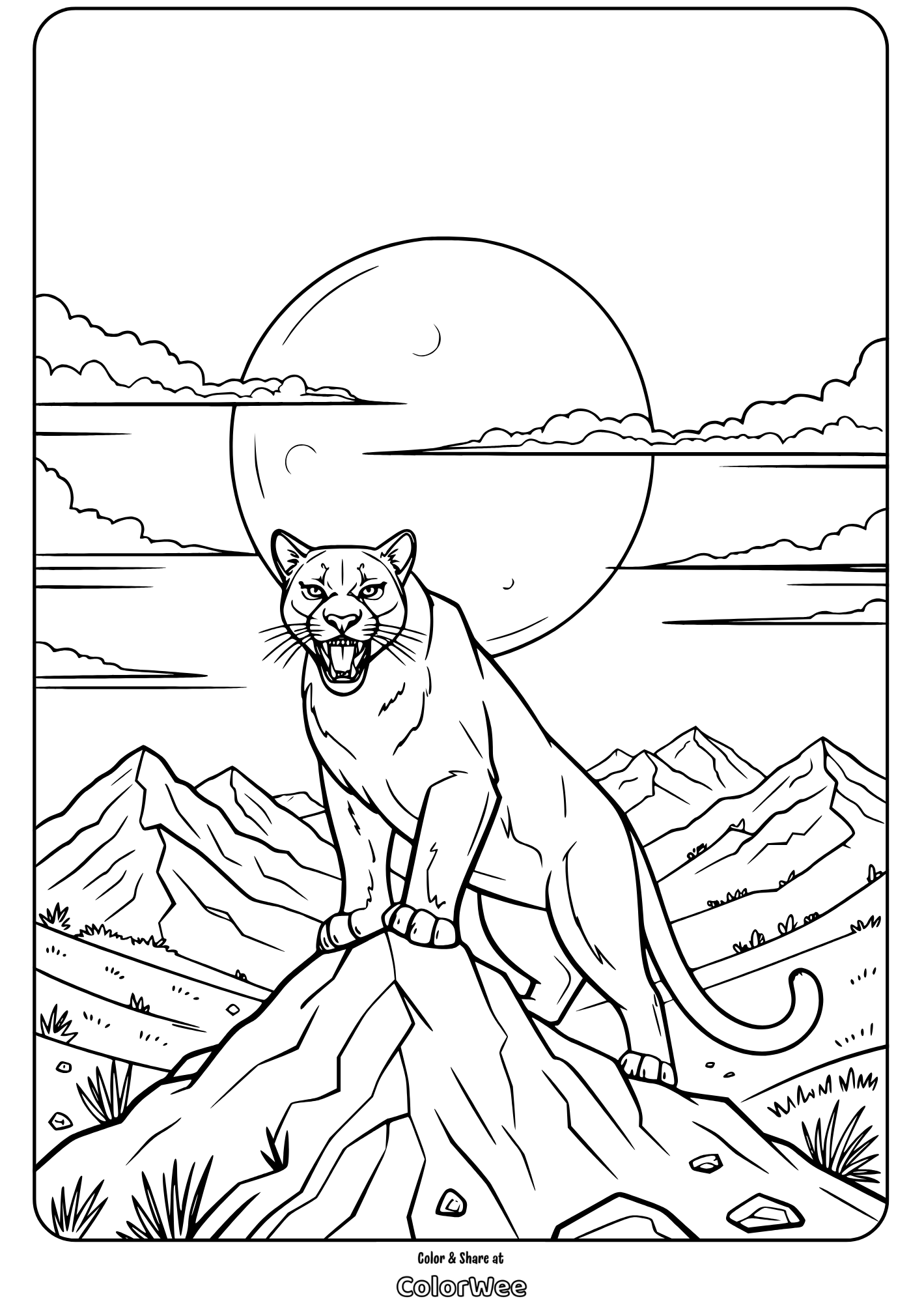 Puma on mountain peak under full moon coloring page.