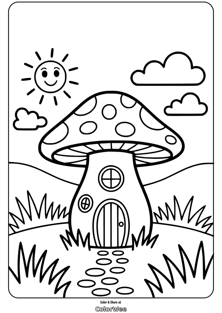 mushroom house under sunny sky Coloring page of a mushroom house with sun and clouds.