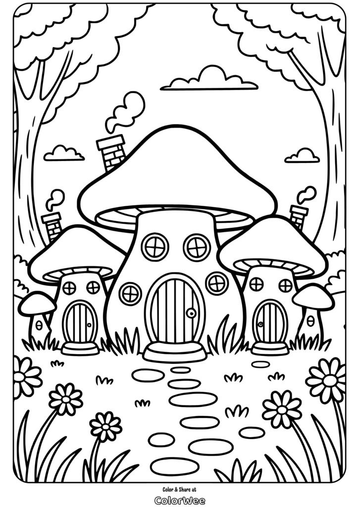 mushroom house village in forest Mushroom house coloring page for kids with flowers and trees.