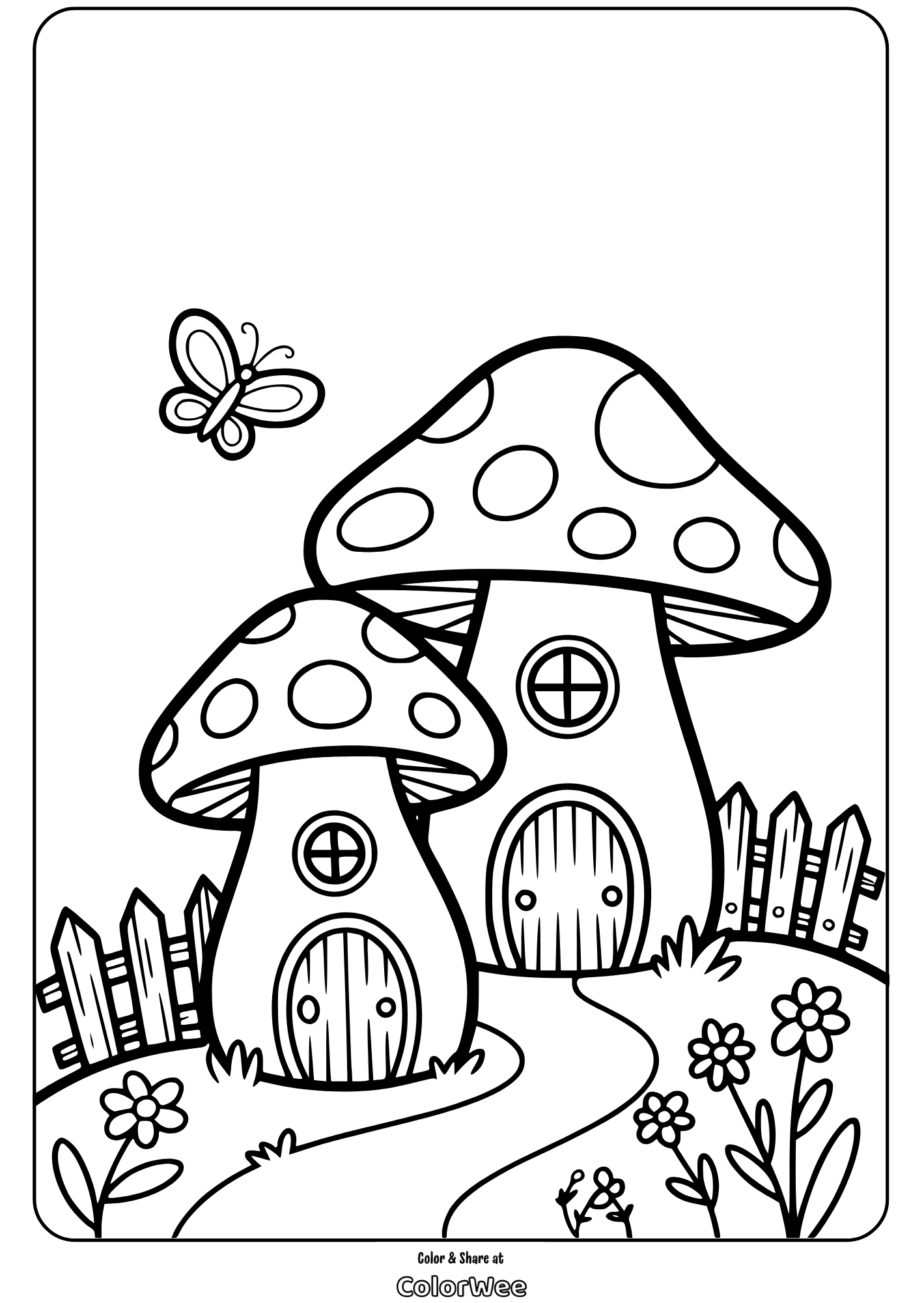 mushroom house village with butterfly Coloring page of mushroom houses with butterfly and flowers.