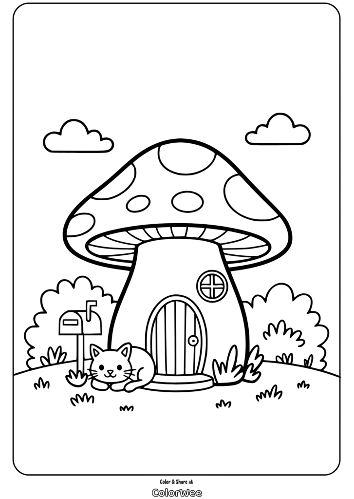 mushroom house with cat and mailbox Mushroom house coloring page with cat and mailbox.