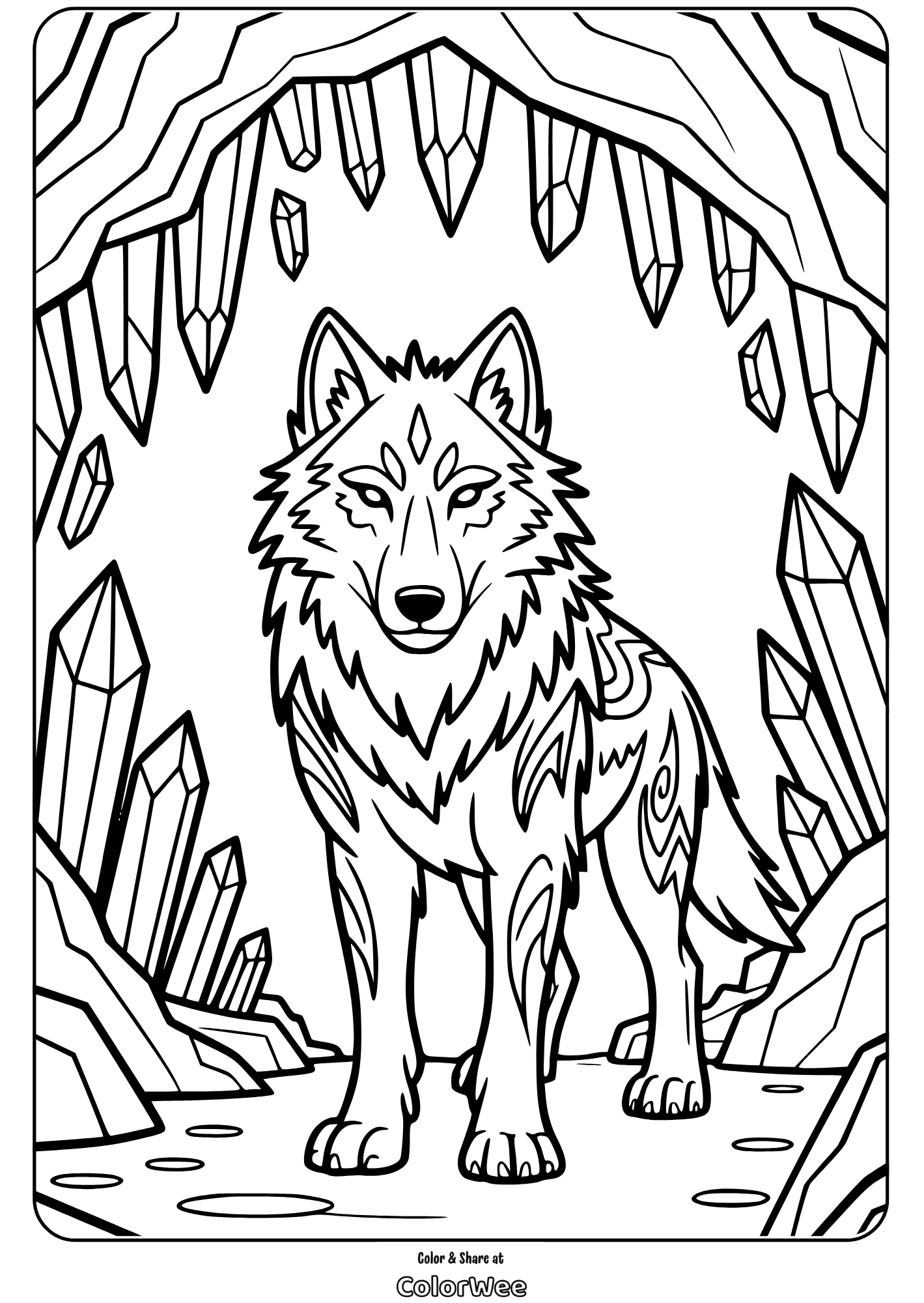mythical wolf in crystal cave coloring page Wolf in crystal cave coloring page for kids.