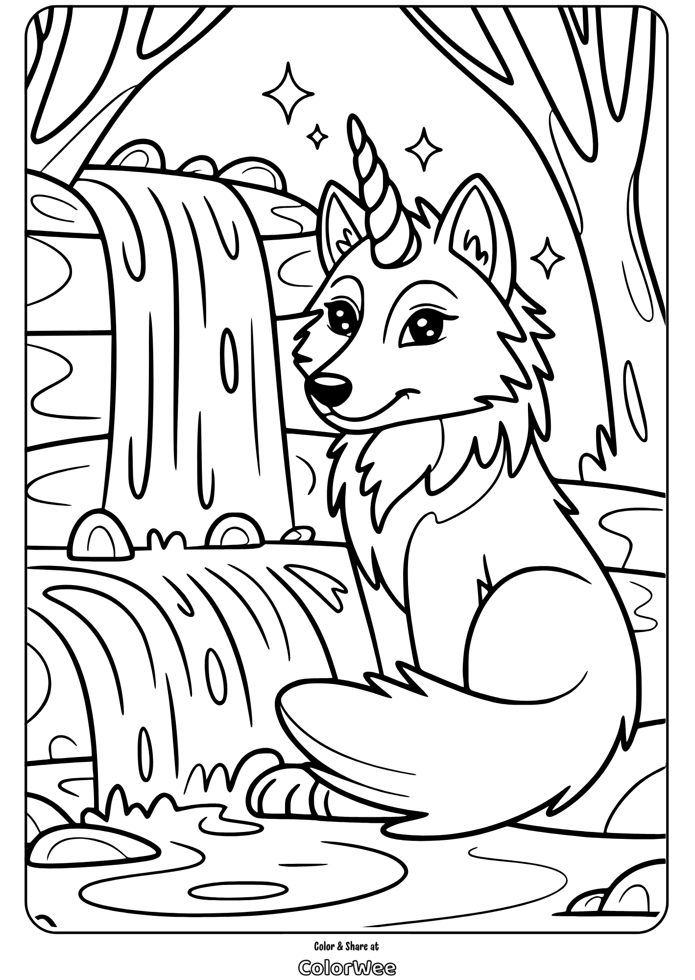 mythical wolf unicorn by waterfall coloring page Unicorn wolf by waterfall coloring page for kids