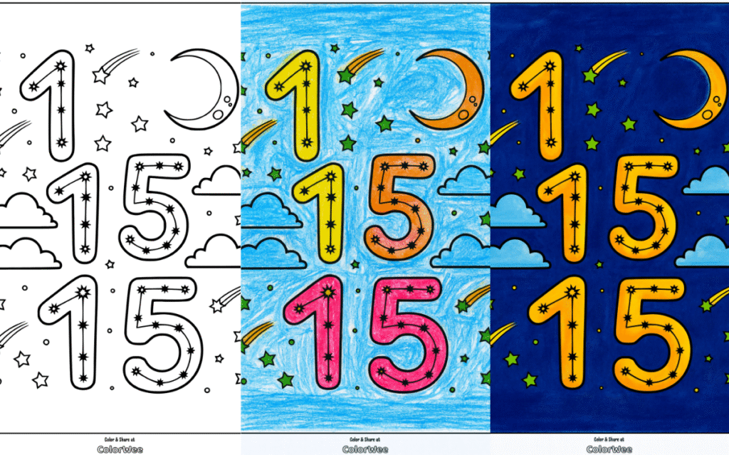 Number 15 coloring page with stars, moon, and clouds.