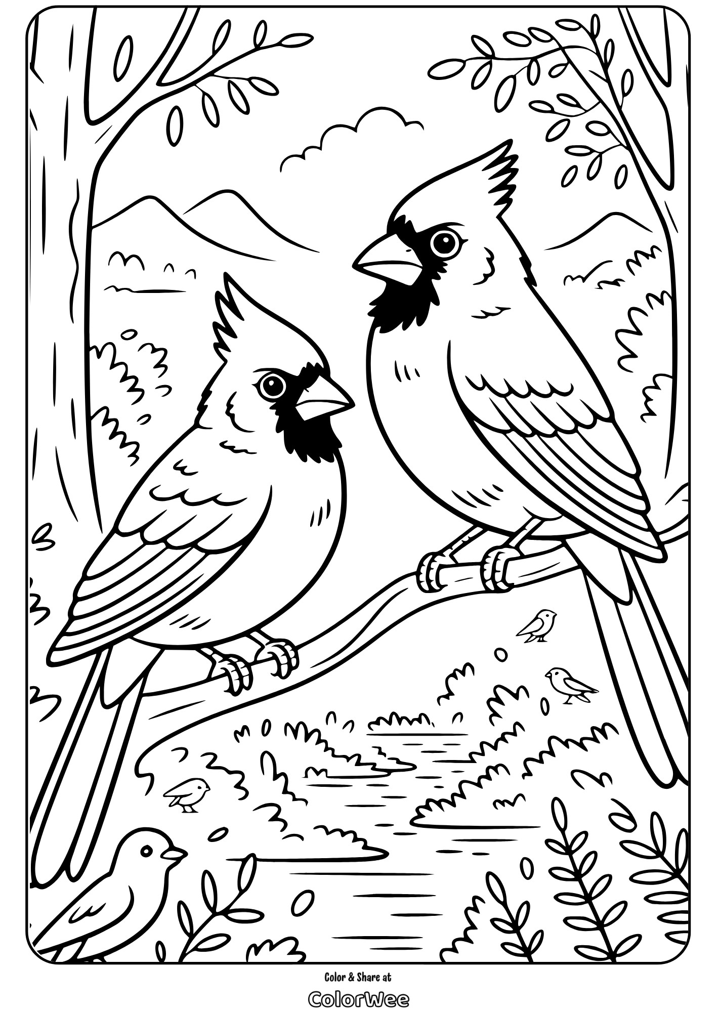 pair of cardinal bird in a forest Two cardinals on a branch, nature scenery coloring page.