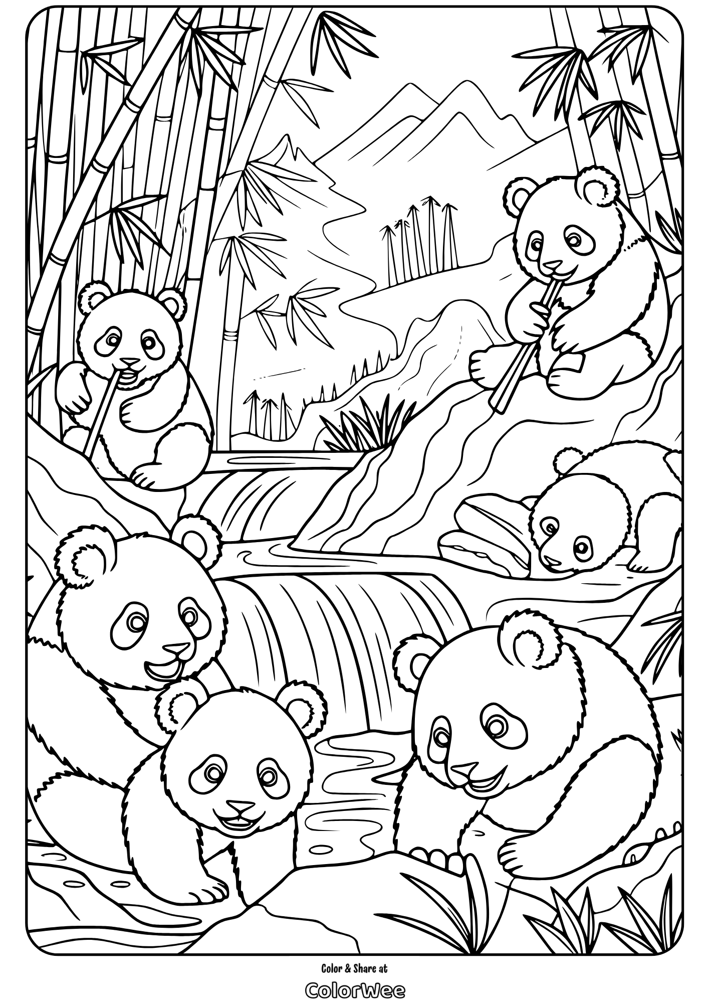 pandas in bamboo forest coloring page Panda family coloring page in bamboo forest by stream.