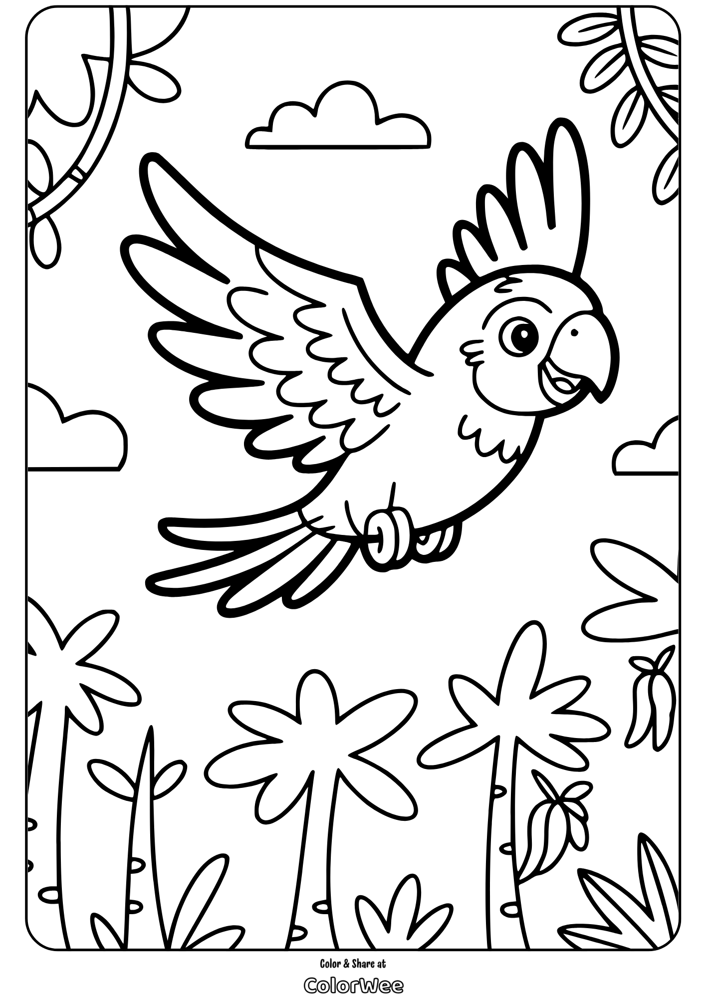 parrot bird flying over trees Flying parrot coloring page for kids with nature background.