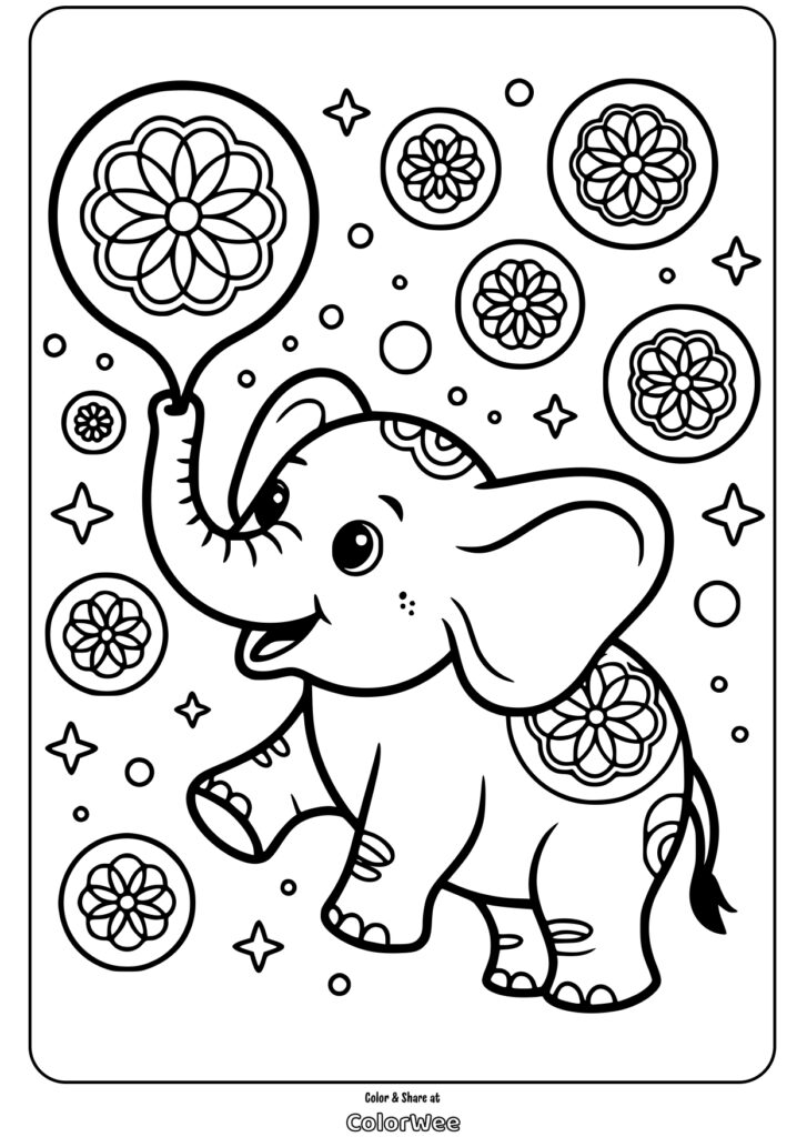 playful elephant blowing bubbles mandala coloring page Cute elephant with floral patterns in a playful coloring page design.